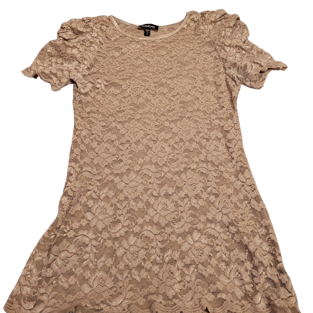 Bebe XS Lace Mesh Top Gray Ruffle Shoulder Short Sleeve Stretch Shirt